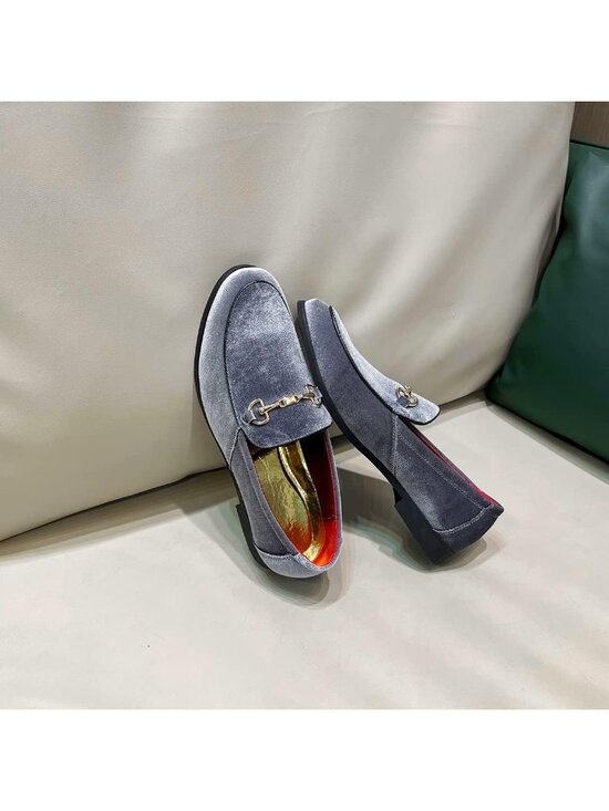 LCQL Men\'s Silver Grey Leather Velvet Loafer Gold Buckle Slip On Luxury Shoes main image 5